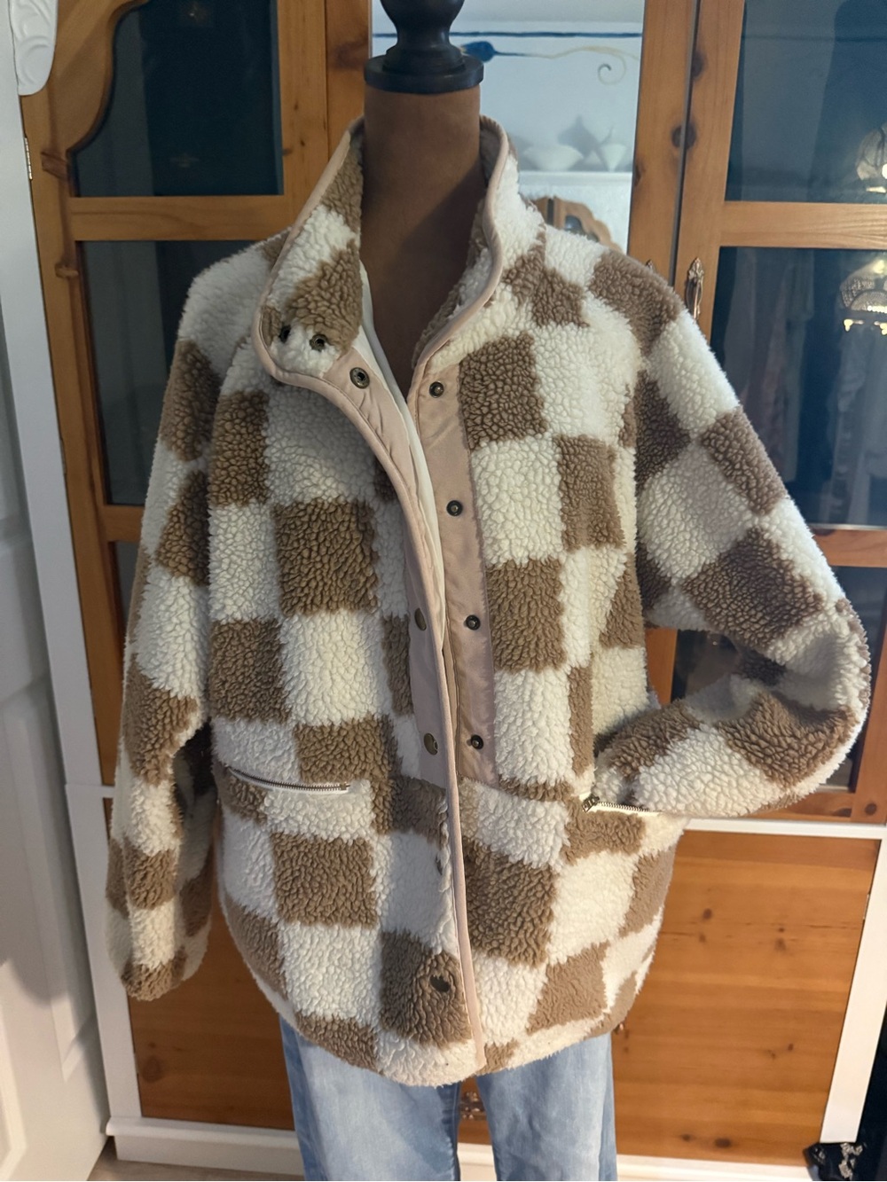 Checked Sherpa Jacket in Cream and Brown - Women